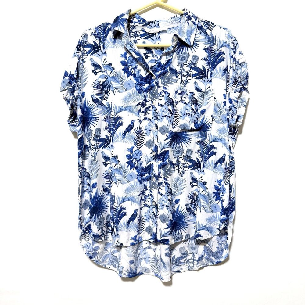 Jane + Delancey Womens L Blue Bird Tropical Rayon Button Up Blouse Coastal Boho
